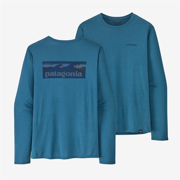 Patagonia Mens LS Cap Cool Daily Graphic T-Shirt - Waters - Boardshort Logo: Wavy Blue X-Dye